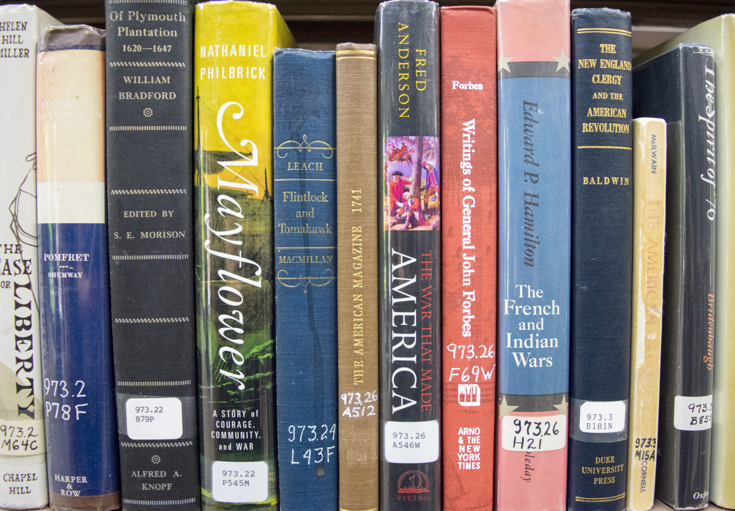 Close-up of History books on a shelf at the Lumpkin Library.