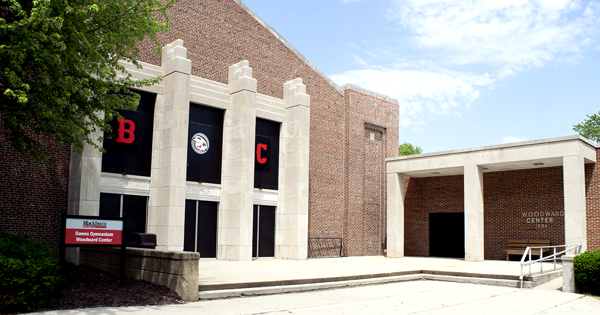 Wide shot of the entrance to the Dawes-Woodward Athletic Center.