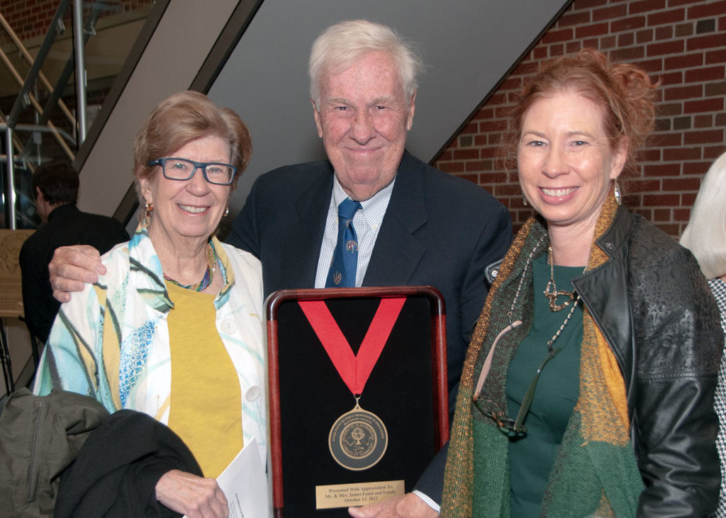 Keynote speaker and Blackburn Trustee James Faust ‘64, posing with family and displaying his medallion following the investiture ceremony. Mr. & Mrs. Faust and Family gifted the funds to create an endowed Professorship in Education in memory of Mr. Faust’s sister, the late Sonja Faust Hudren ‘66.