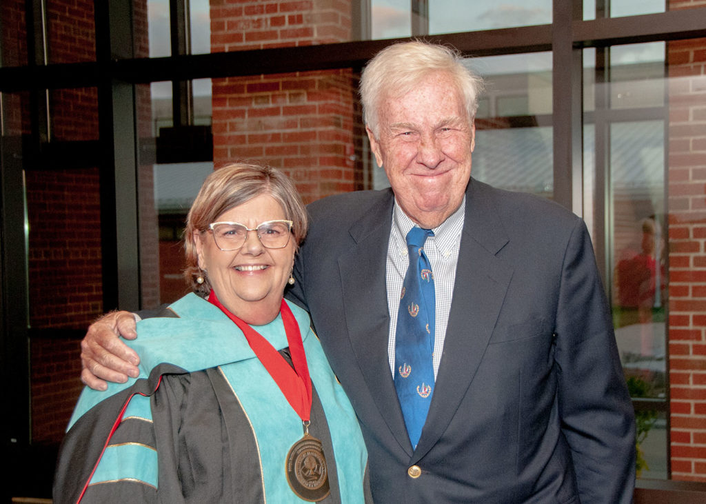 Professor of Education, Cindy Carlson Rice, is the inaugural Sonja Faust Hudren Professor in Education. She poses with Blackburn Trustee and Donor James Faust '64, who gifted the funds to create the professorship in honor of his late sister and longtime educator Sonja Faust Hudren '66.