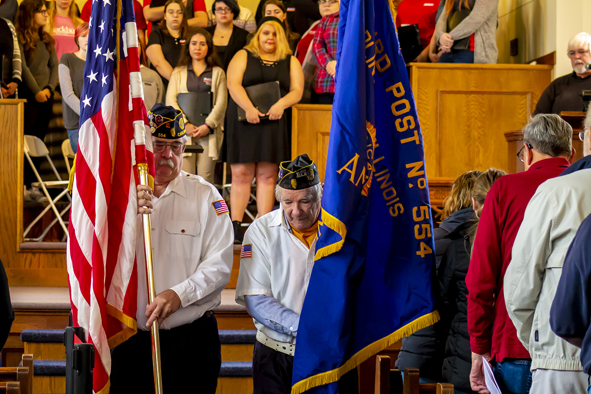 The Presentation of the Colors provided by the American Legion Post at the 2019 Blackburn College Veterans Day Convocation