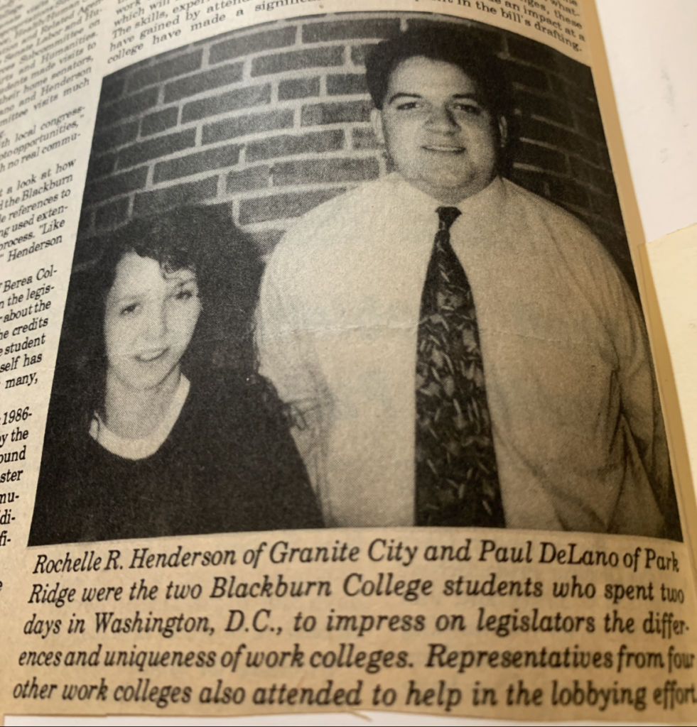 Newspaper clipping of two Blackburn students who traveled to Washington DC to lobby on behalf of Work Colleges