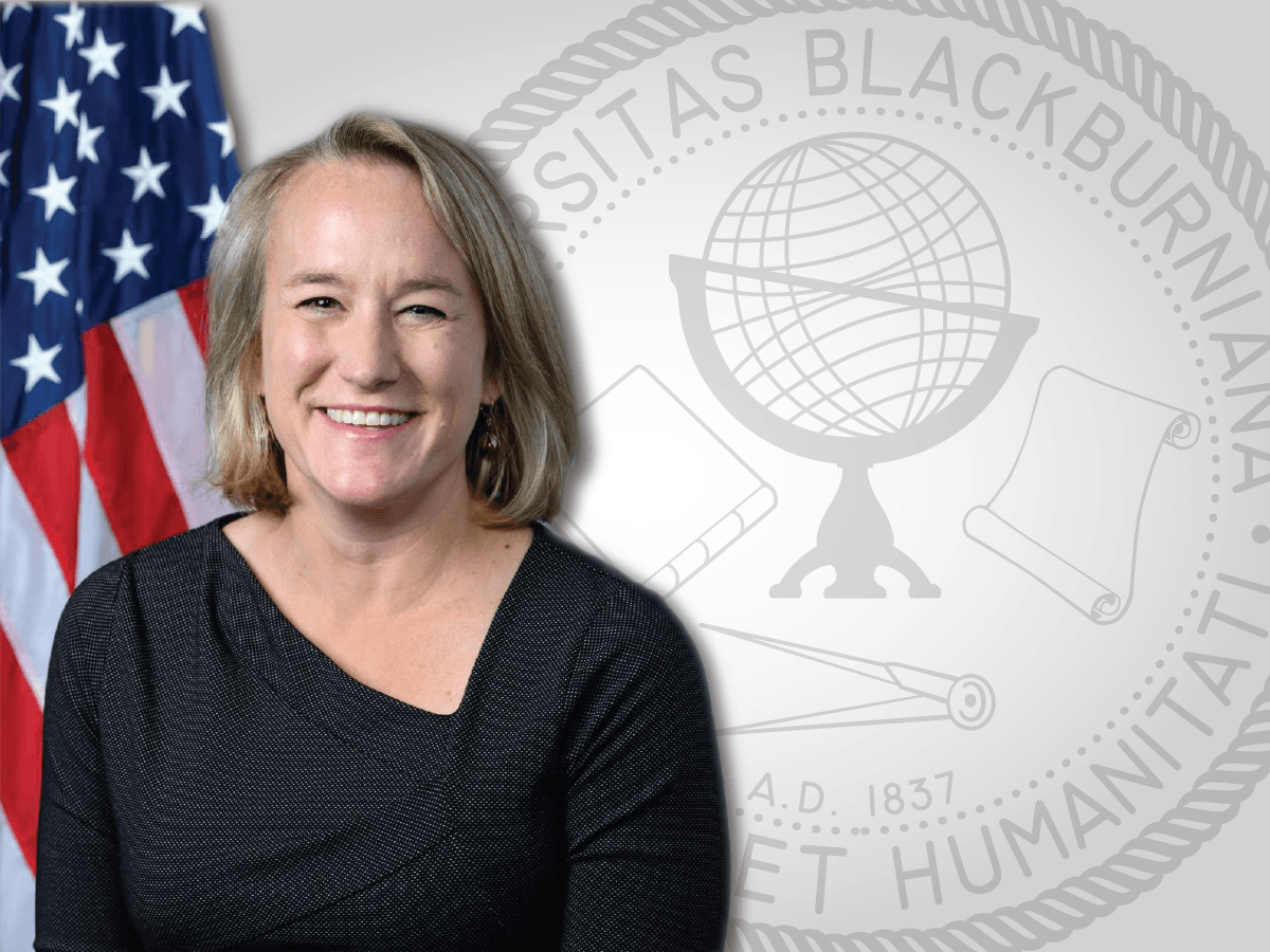 Congresswoman Nikki Budzinski (IL-13) and the Blackburn College seal