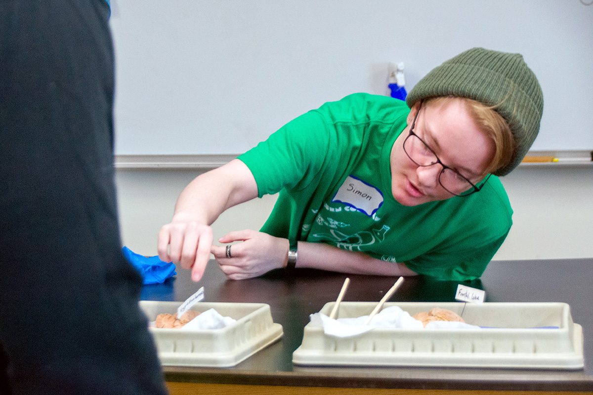 Blackburn student demonstrating brain samples to high school students. HELP
