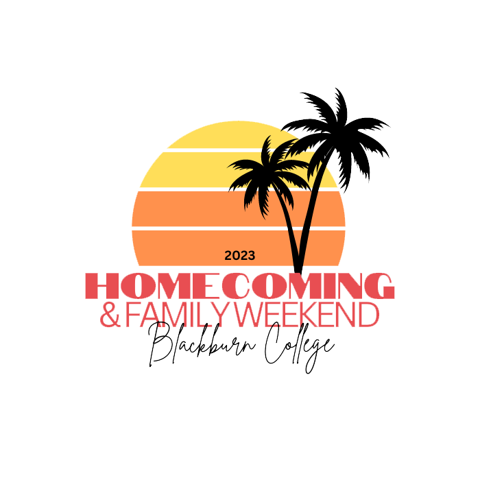 Blackburn College Homecoming 2023 logo - a sun sets behind two palm trees with Homecoming & Family Weekend at the bottom