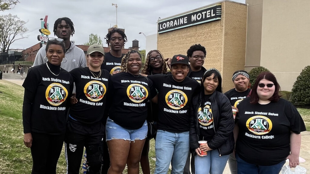 Blackburn BSU students traveled to Memphis and pose in front of the Lorraine Motel at the National Civil Rights Museum.