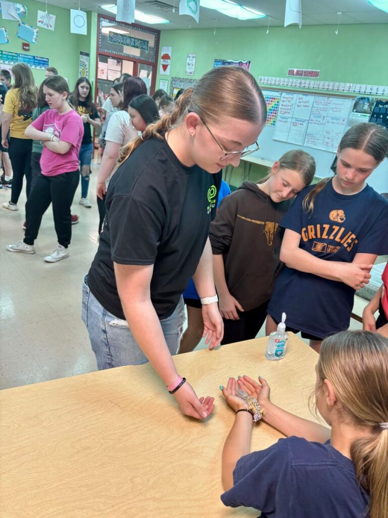 Blackburn Vivarium Student Worker shares lizard with Mount Olive Jr High student