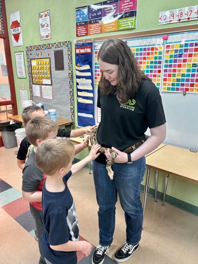 Students pet snake held by Jessica Muckensturm 25