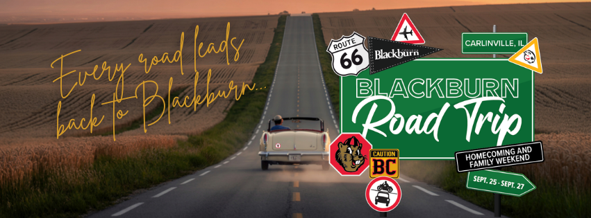 Homecoming and Family Weekend 2026 logo "Road Trip" with icons similar to street and highway signs, with a convertible driving down a dirt road