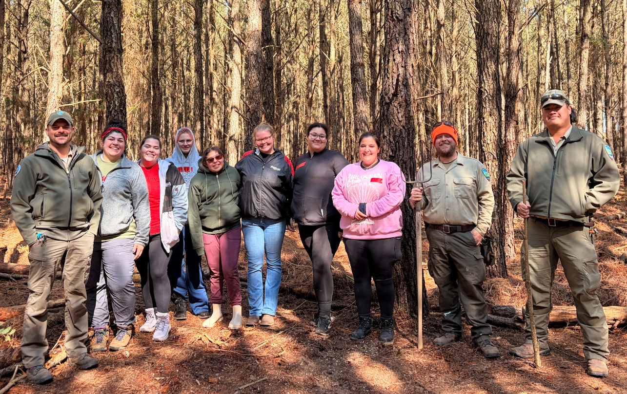 Students and State Park officials pose together at the project site for Blackburn's 2026 alternative spring break service project