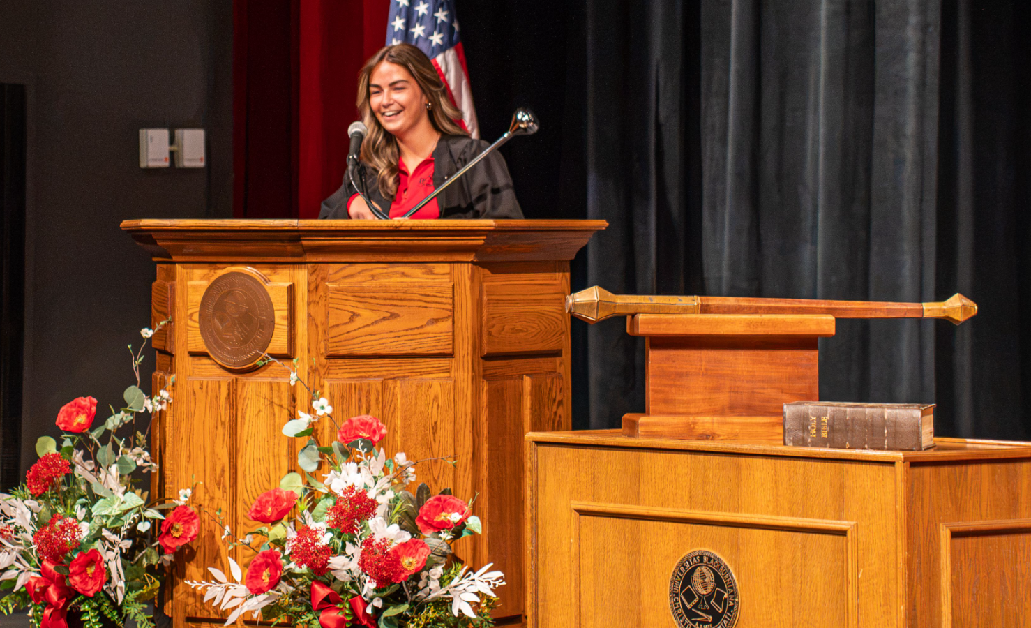 Rylee Lovelace speaks at All College Convocation